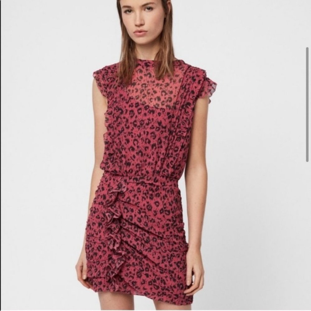 All Saints Hali Roar Ruched Leopard Print Dress Sz 2
